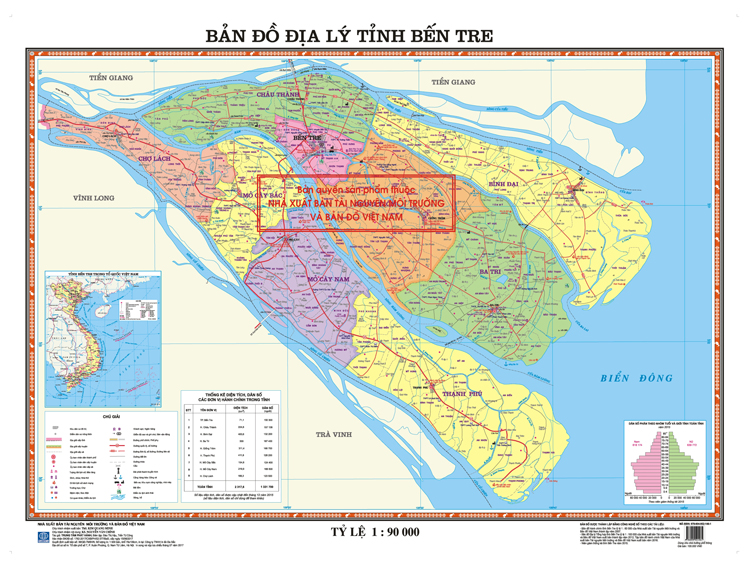 Bản đồ địa lý tỉnh Bến Tre, khổ Ao